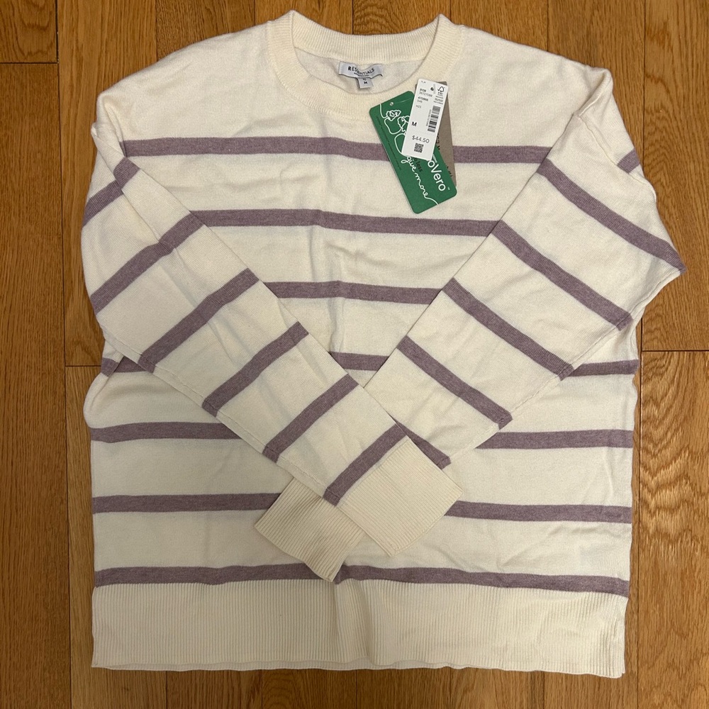 Reitmans Cream and Purple Crew Neck Sweater Striped Knit